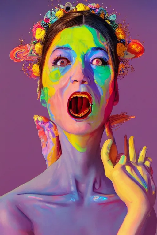 Prompt: a vibrant portrait of mary elizabeth - winstead licking a tab of lsd acid on her tongue and dreaming psychedelic hallucinations, wearing an alexander mcqueen headdress, high fashion, by moebius, edward hopper and james gilleard, zdzislaw beksinski, steven outram hd, 8 k, artstation