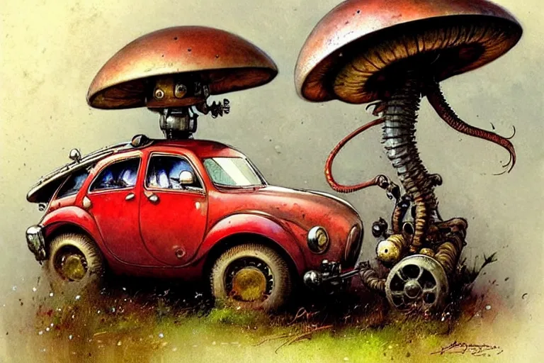 Image similar to adventurer ( ( ( ( ( 1 9 5 0 s retro future robot mouse amphibious vehical home. muted colors. mushrooms ) ) ) ) ) by jean baptiste monge!!!!!!!!!!!!!!!!!!!!!!!!! chrome red