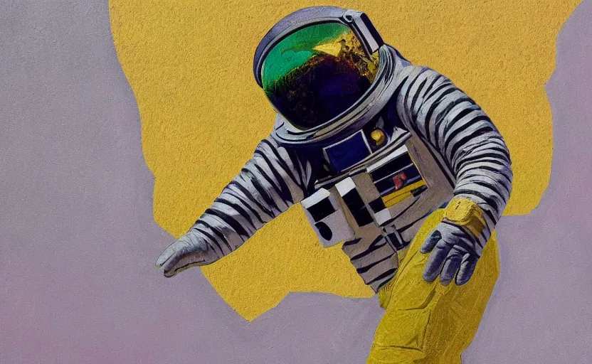 Image similar to insane _ detail _ textured _ art _ deco _ painting _ of _ astronaut _ full _ body _ flying _ from _ bottom _ left _ to _ top _ right _ muted _ greens _ and _ browns _ geometric _ gold _ and _ deep _ purple