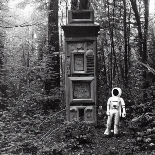 Image similar to old photograph of an occult alien shrine in an eerie forest with an astronaut standing in front of the shrine