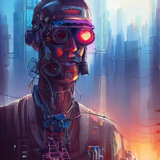 Image similar to Cyberpunk city, street vendors, citizens, augmented cyborgs, robots, skyscapers, buildings, clouds, sunset, painted by seb mckinnon, high detail, digital art, trending on artstation