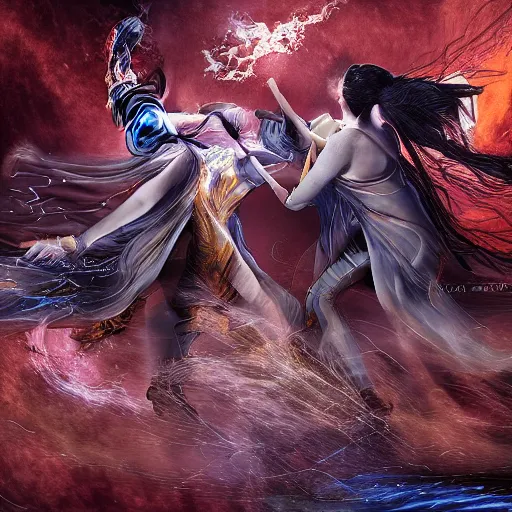 Prompt: a scene of two identical beautiful sorceresses fighting, detailed digital painting, full of detail