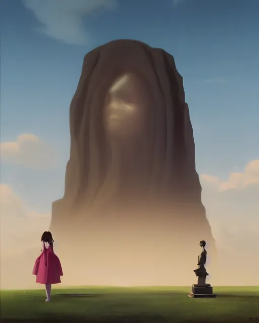 Image similar to a painting of a real woman standing in front of a huge stone statue, a screenshot by stanley twardowicz, cgsociety, aestheticism, aesthetic, vaporwave, anime aesthetic