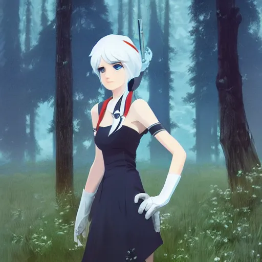 Image similar to realistic render of weiss schnee from rwby by ross draws, forest background by ilya kuvshinov, digital anime art by ross tran, composition by sana takeda, lighting by greg rutkowski