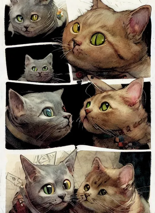 Image similar to a hyper realistic ink cat in a spaaceship 6 panel comic by chiara bautista and norman rockwell and greg rutkowski weta studio, and lucasfilm