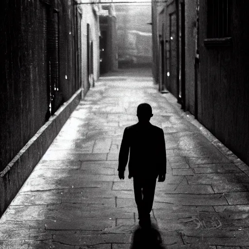 Prompt: a gloomy alley, a man stands in the darkness but the white of his eyes can be seen, dark, gloomy, skeptical