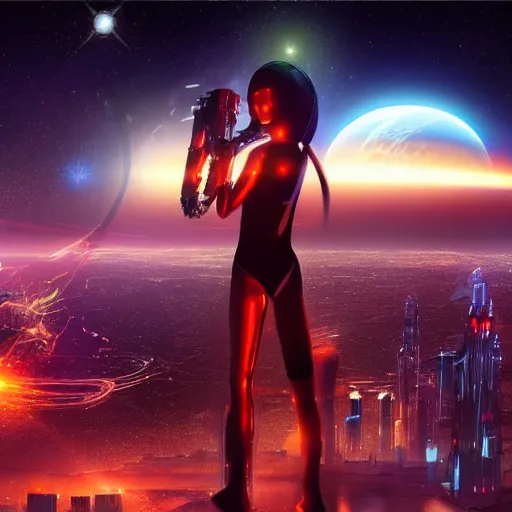 Prompt: cute cyberpunk alien playing electric guitar on stage overlooking futuristic space city with view of ringed planet rising on the horizon detailed painting 4 k