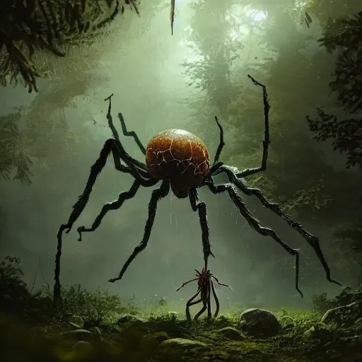 Image similar to an ugly giant spider, beautiful, realistic, atmosphere, vibe, forest, giant webs, ferns, bones, concept art illustration, color page, tone mapping, akihiko yoshida, james jean, andrei riabovitchev, marc simonetti, digital illustration, greg rutowski, volumetric lighting, sunbeams, particles