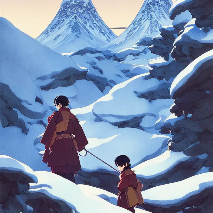 Prompt: japanese mountains, winter, in the style of studio ghibli, j. c. leyendecker, greg rutkowski, artem