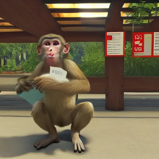 Prompt: macaque paying taxes at the post office, unreal engine 2 graphics