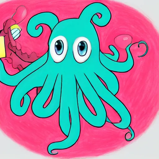 Prompt: multicolor drawing of a sad octopus wearing a pink hatin 4 k ultra high resolution, with arcane style with depressive feeling