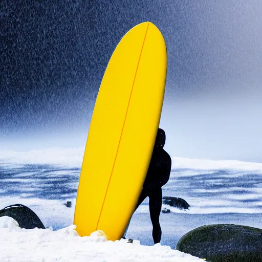 Prompt: man surfing a yellow surfboard down a snowy mountain, high quality digital art, dream-like atmosphere, fog, snow