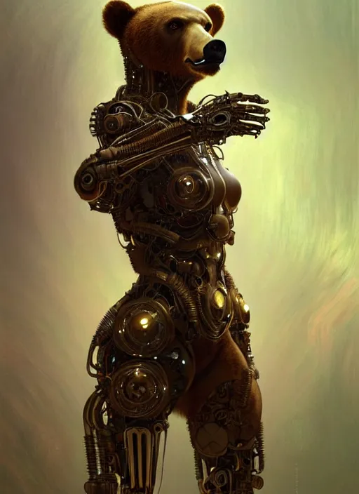 Image similar to organic cyborg bear, full body, diffuse lighting, fantasy, intricate, elegant, highly detailed, lifelike, photorealistic, digital painting, artstation, illustration, concept art, smooth, sharp focus, art by John Collier and Albert Aublet and Krenz Cushart and Artem Demura and Alphonse Mucha