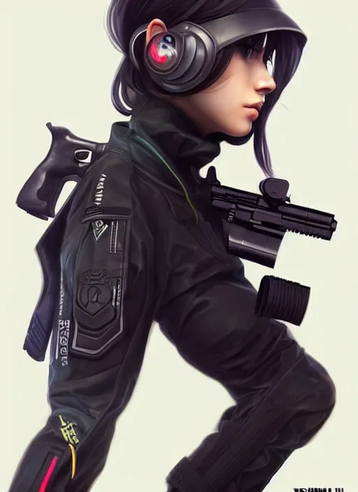 Image similar to full body portrait of a techwear uniform girl with guns. detailed face, concept art, digital art, intricate, highly detailed 8 k, smooth, sharp focus, beautiful and aesthetic shape of face and body, artgerm, artstation, art by zexi guo and nira and kafun and gharliera and rinotuna