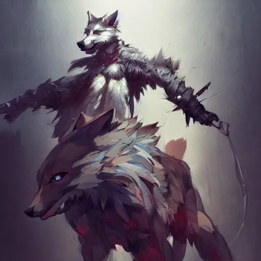 Image similar to concept art of anthropomorphized wolf fullbody, night theme, highly detailed painting by dustin nguyen, akihiko yoshida, greg tocchini, 4 k, trending on artstation, 8 k