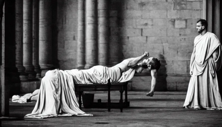 Prompt: movie still by of emperor caligula murdered by a man in toga in a neoclassical room, cinestill 8 0 0 t 3 5 mm b & w, high quality, heavy grain, high detail, dramatic light, ultra wide lens, anamorphic, blood, bleeding