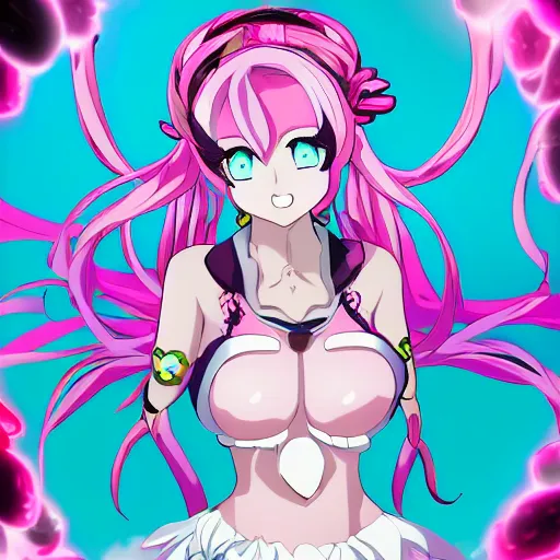 Image similar to stunningly beautiful omnipotent megalomaniacal anime goddess who looks like junko enoshima with porcelain skin, pink twintail hair and mesmerizing cyan eyes, symmetrical perfect face smiling in a twisted, mischievous, devious and haughty way while looking down upon the viewer, mid view, hyperdetailed, 2 d, 8 k