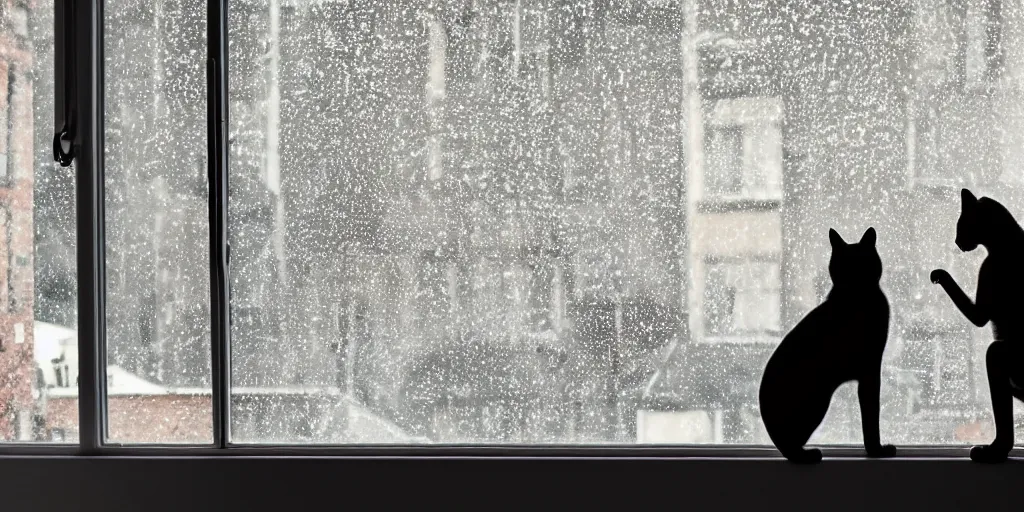 Image similar to silhouette of a girl and her cat, looking out a window on a rainy day, inside a cozy apartment, with a city view.