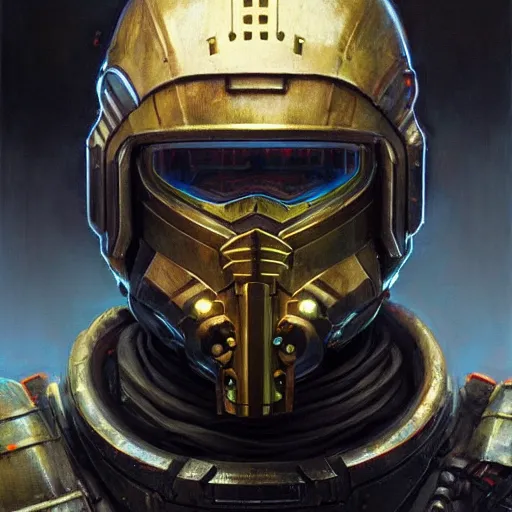 Image similar to the doomslayer as a realistic scifi cyberpunk knight, closeup portrait art by donato giancola and greg rutkowski, vintage retro scifi, realistic face, digital art, trending on artstation, symmetry!!!