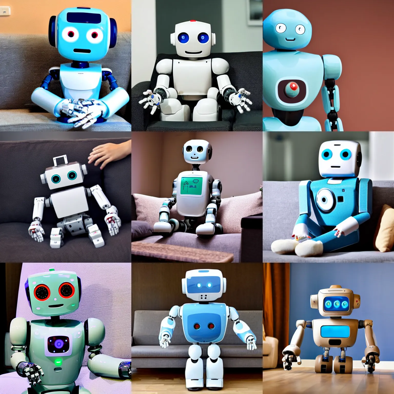 Prompt: <photo attention-grabbing robot-traits='cute friendly happy wellbuilt' robot-desires='hug'>Robot sitting on a couch</photo>