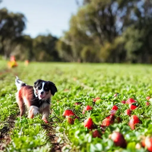 Image similar to a mini australian shepard wearing rubber boots while picking strawberries