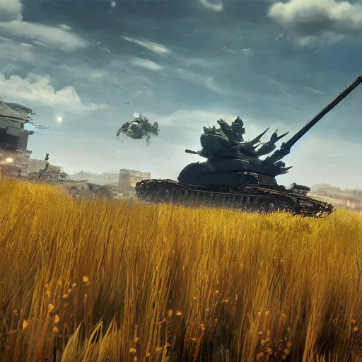 Prompt: a high resolution very detailed image of russian tank final boss battle from nier : automata in yellow rye field under pure blue skies