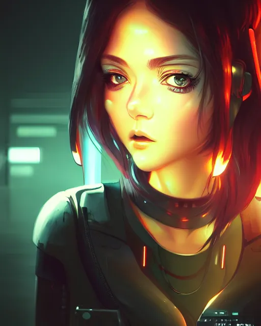 Image similar to a comic potrait of a cyberpunk cyborg girl with big and cute eyes, fine - face, realistic shaded perfect face, fine details. night setting. very anime style. realistic shaded lighting poster by ilya kuvshinov katsuhiro, unreal engine, global illumination, radiant light, detailed and intricate environment