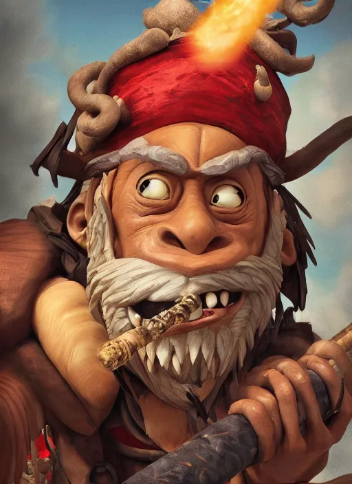 Image similar to studio ghibli pathfinder 2 e illustration of a pirate goblin mixed with a monkey smoking a cigar, character portrait, unreal engine, hyper realism, realistic shading, cinematic composition, realistic render, octane render, detailed textures, photorealistic, wide shot