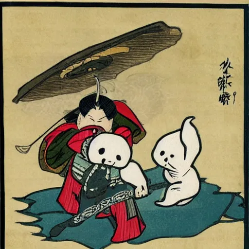 Image similar to two baby harp seal dressed as samurai, defeating a Japanese dragon, 19th century Japan, anime style