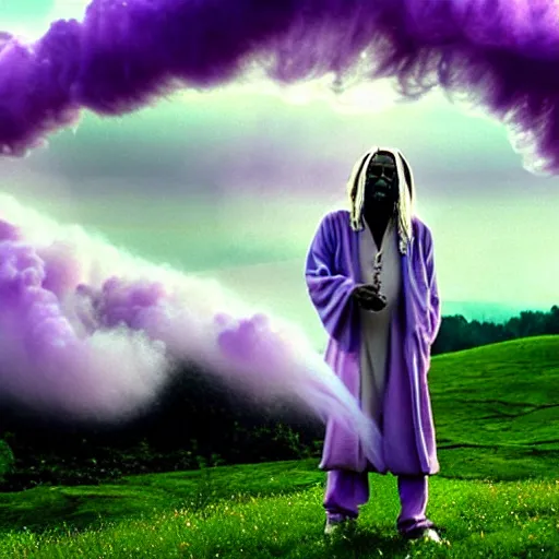 Image similar to snoop dogg with white hair and white beard as gandalf the white, exhaling a huge cloud of magical purple smoke in the vast and lush green fields of the shire, Japanese CGI, VFX, 2003, 40mm lens, shallow depth of field, film photography, volumetric lighting, highly detailed, ultrarealistic