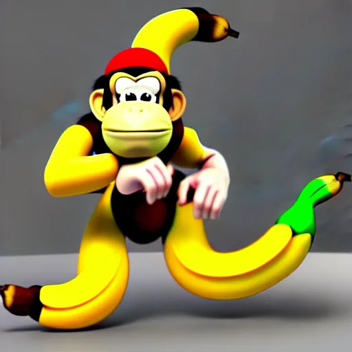 Prompt: Donkey Kong stepping on a banana, 3D render