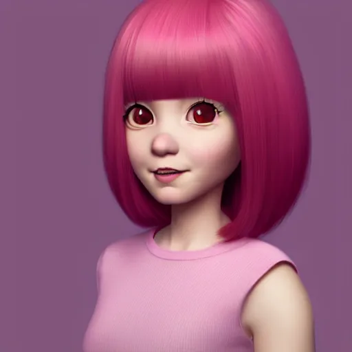 Image similar to A portrait of Nikki from Shining Nikki and Love, a cute 3d cgi toon young woman with long light pink hair, full bangs, hazel eyes, full face, light makeup, pale skin, Chinese heritage, cute outfit, medium shot, mid-shot, hyperdetailed, 8k, trending on artstation, as a Pixar character