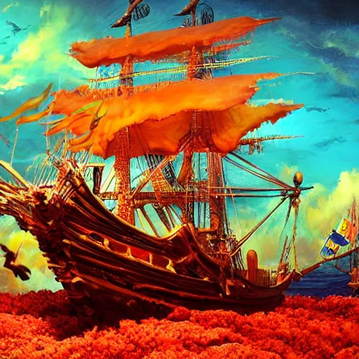 Image similar to pirate ship made of sea coral, beautiful composition, wide angle, colorful, cinematic, volumetric lighting, intricate details painting