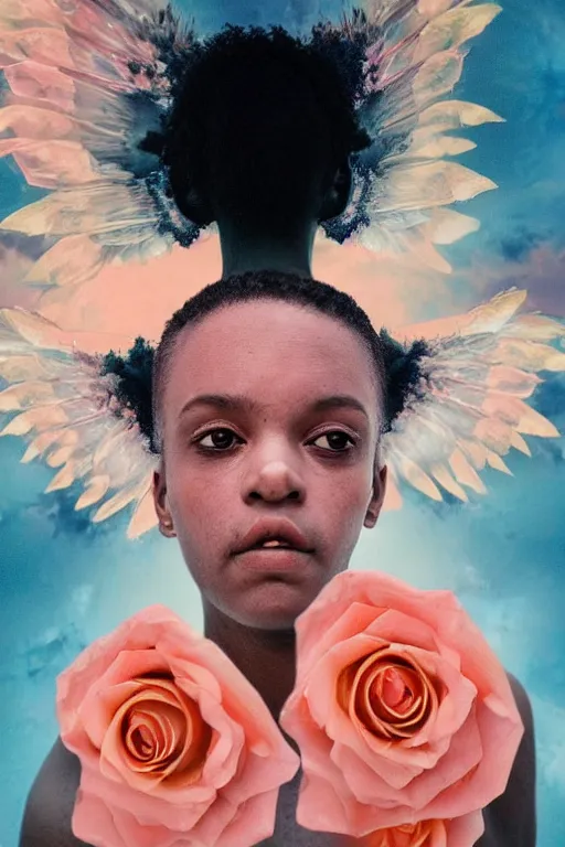 Image similar to milky crystal quartz eyeballs with wings. peach roses, background heavenly sky by basquiat, Trending on artstation. halo. octane render, cinematic, hyper realism, octane render, 8k, depth of field, 3D