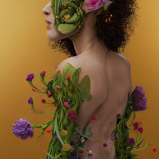 Image similar to biomorphic painting of a female with flowers, au naturel, hyper detailed, digital art, trending in artstation, cinematic lighting, studio quality, smooth render, unreal engine 5 rendered, octane rendered, art style by klimt and nixeu and ian sprigger and wlop and krenz cushart