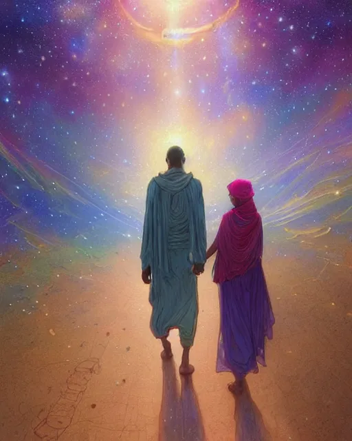 Image similar to bedouin man and woman and child in galaxy walking towards mosque surrounded by nebula, highly detailed, gold filigree, romantic storybook fantasy, soft cinematic lighting, award, disney concept art watercolor illustration by mandy jurgens and alphonse mucha and alena aenami, pastel color palette, featured on artstation