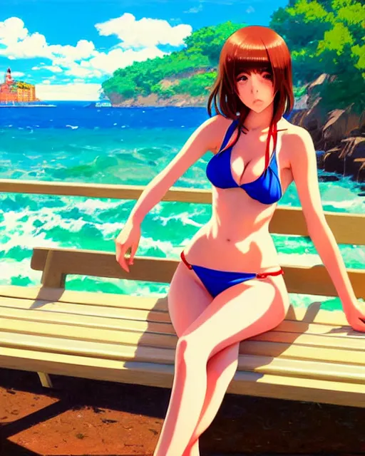 Image similar to girl in bikini sitting on the bench near the sea | very anime!!!, fine face, audrey plaza, realistic shaded perfect face, fine details. anime. strong realistic shaded lighting poster by ilya kuvshinov katsuhiro otomo ghost, magali villeneuve, artgerm, jeremy lipkin and michael garmash and rob rey