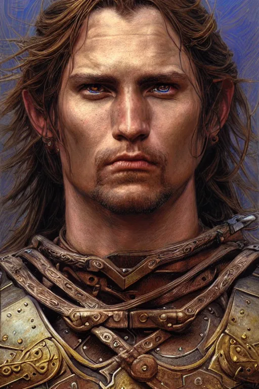 Prompt: head and shoulders portrait of a warrior, male, breastplate, magical, high fantasy, d & d, by donato giancola, face details, extremely detailed, digital illustration