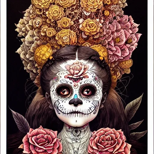 Prompt: beautiful portrait painted in jacek yerka and aykut aydogdu style drawn by vania zouravliov and takato yamamoto, inspired by dia de los muertos, intricate acrylic gouache painting, high detail, sharp high detail, artstation, manga and anime