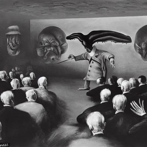 Image similar to lecturer giving a lecture to a hall filled with fantastic monsters, by dali