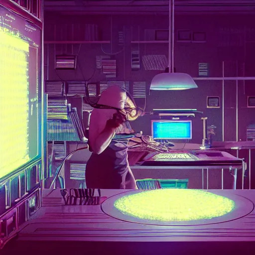 Image similar to Scientist studying IBN computer with familiar 80s GUI, highly detailed art, Hiromasa Ogura, digital art by Greg Rutkowski and Beeple, Blue & Gold LED lights, Octane Render