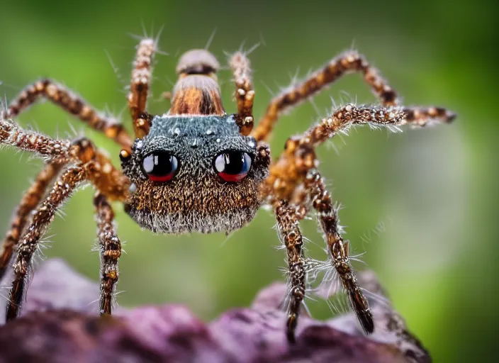 Image similar to super macro of a crystal spider with big eyes sitting on a flower, in the forest. fantasy magic style. highly detailed 8 k. intricate. nikon d 8 5 0 3 0 0 mm. award winning photography.