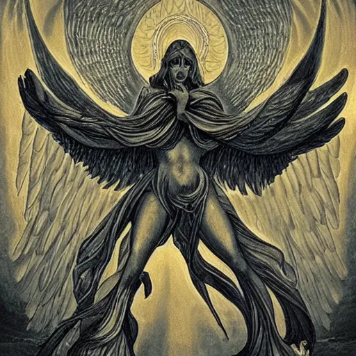 Image similar to giant imposing seraphim with many eyes and many wings, eyes everywhere, glowing, terrifying