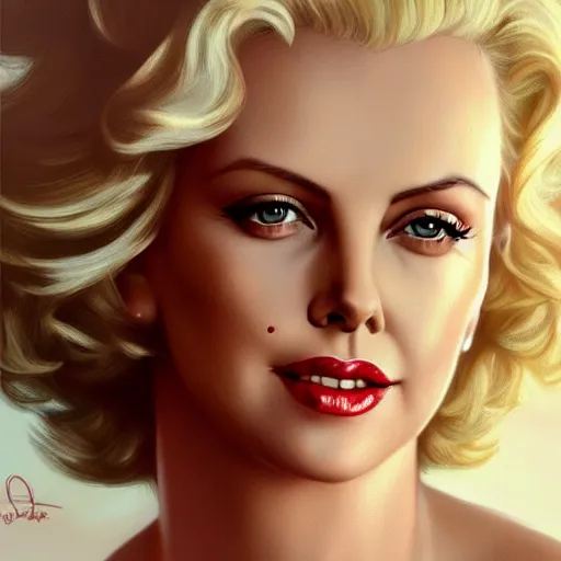 Image similar to portrait charlize theron, marilyn monroe, white cloth in wind shining, 8 k highly detailed, sharp focus, illustration, art by artgerm, mucha, bouguereau