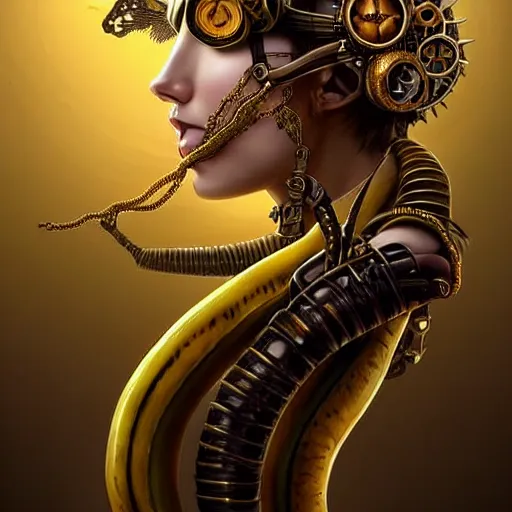 Image similar to STEAMPUNK BANANA! Epic fantasy art, award winning on Artstation, intricate, elegant, highly detailed, digital painting, art by artgerm and greg rutkowski and alphonse mucha, banana, banana, banana, only a steampunk banana please.