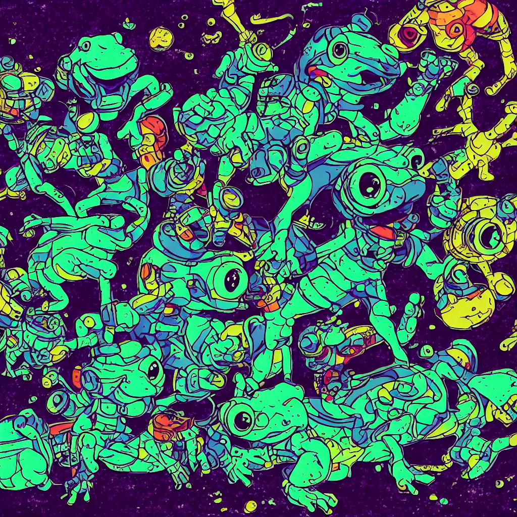 Image similar to toads, deconstructed amphibian, ryuta ueda artwork, breakcore, style of jet set radio, y 2 k, gloom, space, cel - shaded art style, indigo rainbow, data, minimal, code, cybernetic, dark, eerie, cyber