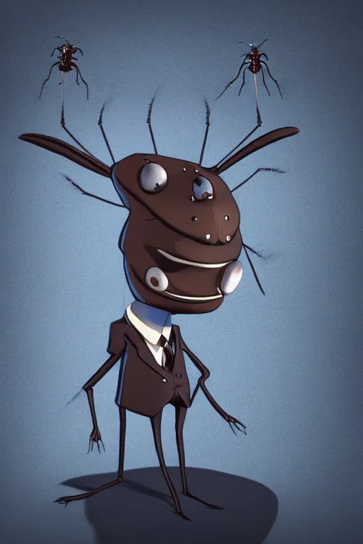 Prompt: full body shot of a thin anthropomorphic cockroach with big eyes wearing a suit with a tie, with long thin antennae, trending on artstation, trending on deviantart ,backlighting, 8k, hyper detail illustration, symmetrical, correct proportions, 3d render, by tim schafer, vibrant colors, by tim burton, studio ghibli