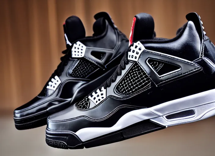 Image similar to product still of Black Panther signature Jordan 4s, black with silver panther teeth accents, 85mm f1.8