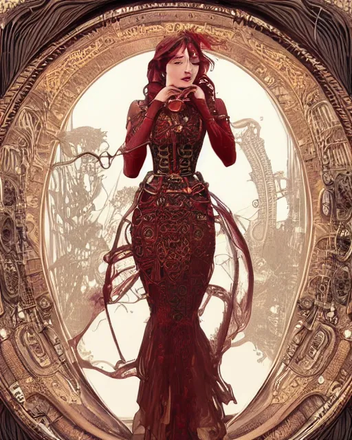 Image similar to Portrait of a steampunk Goddess, a red dragonlet, intricate dress, wide angle, intricate, elegant, overdetailed, professional digital painting, artstation, concept art, smooth, sharp focus, 8K, art by artgerm and greg rutkowski and alphonse mucha and loish and WLOP