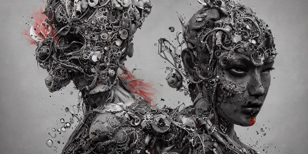 Prompt: hyperrealistic splatterpunk photography of a highly detailed and symmetrical gorgeous cyborg nymph awash in a sea of black soot in the style of beth cavener, jin kagetsu, james jean and wlop, highly detailed, face symmetry, masterpiece, award - winning, sharp focus, intricate concept art, ambient lighting, 8 k, artstation